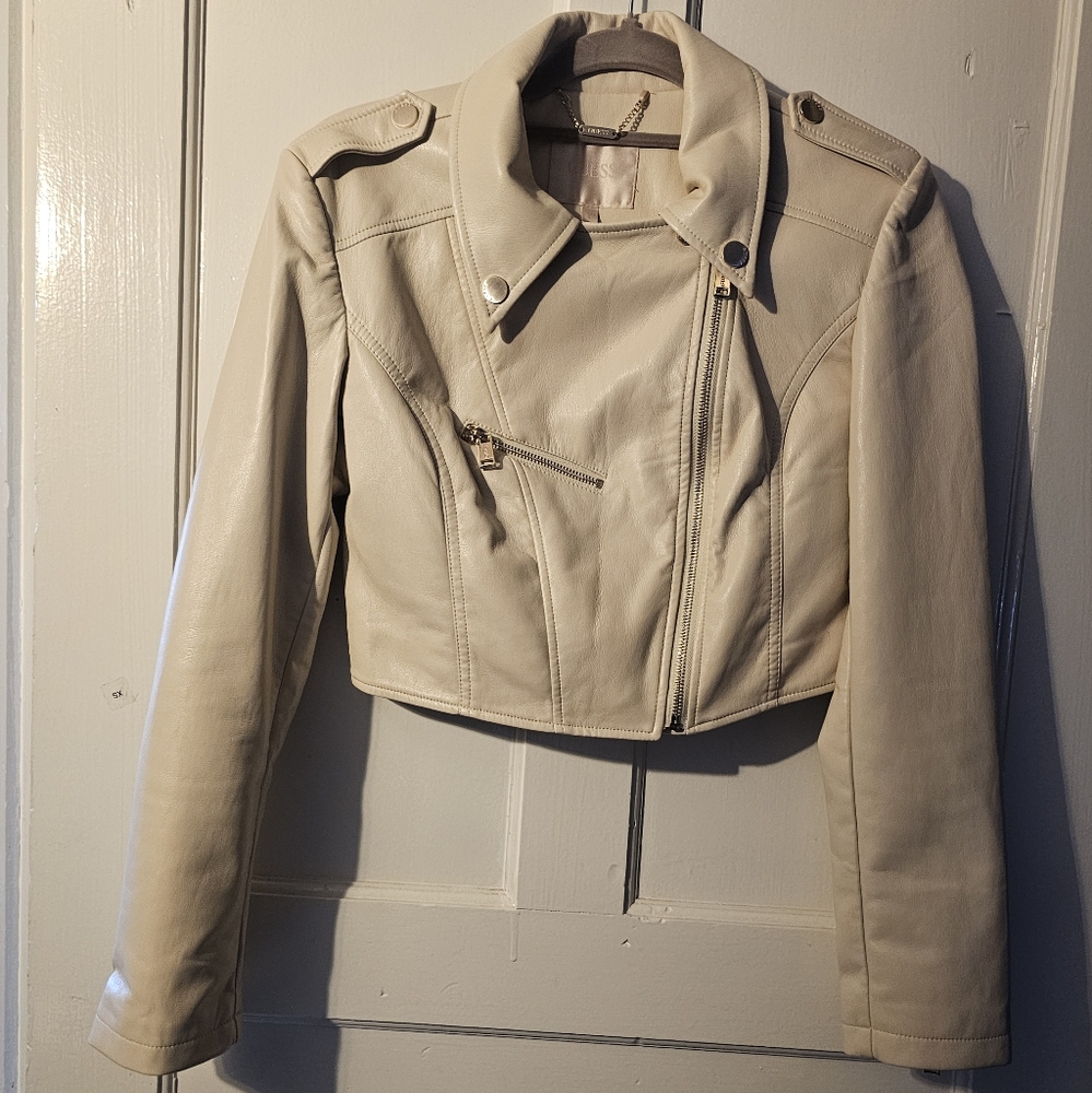 Guess Cream Leather Moto Jacket